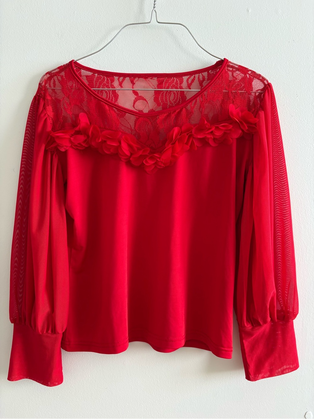 Red Lace Floral Trim Long Sleeve Top